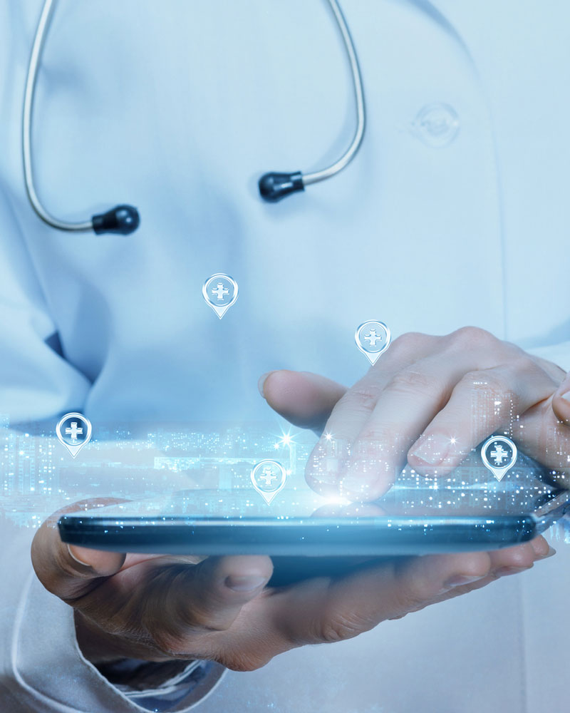 doctor with tablet and representation of data